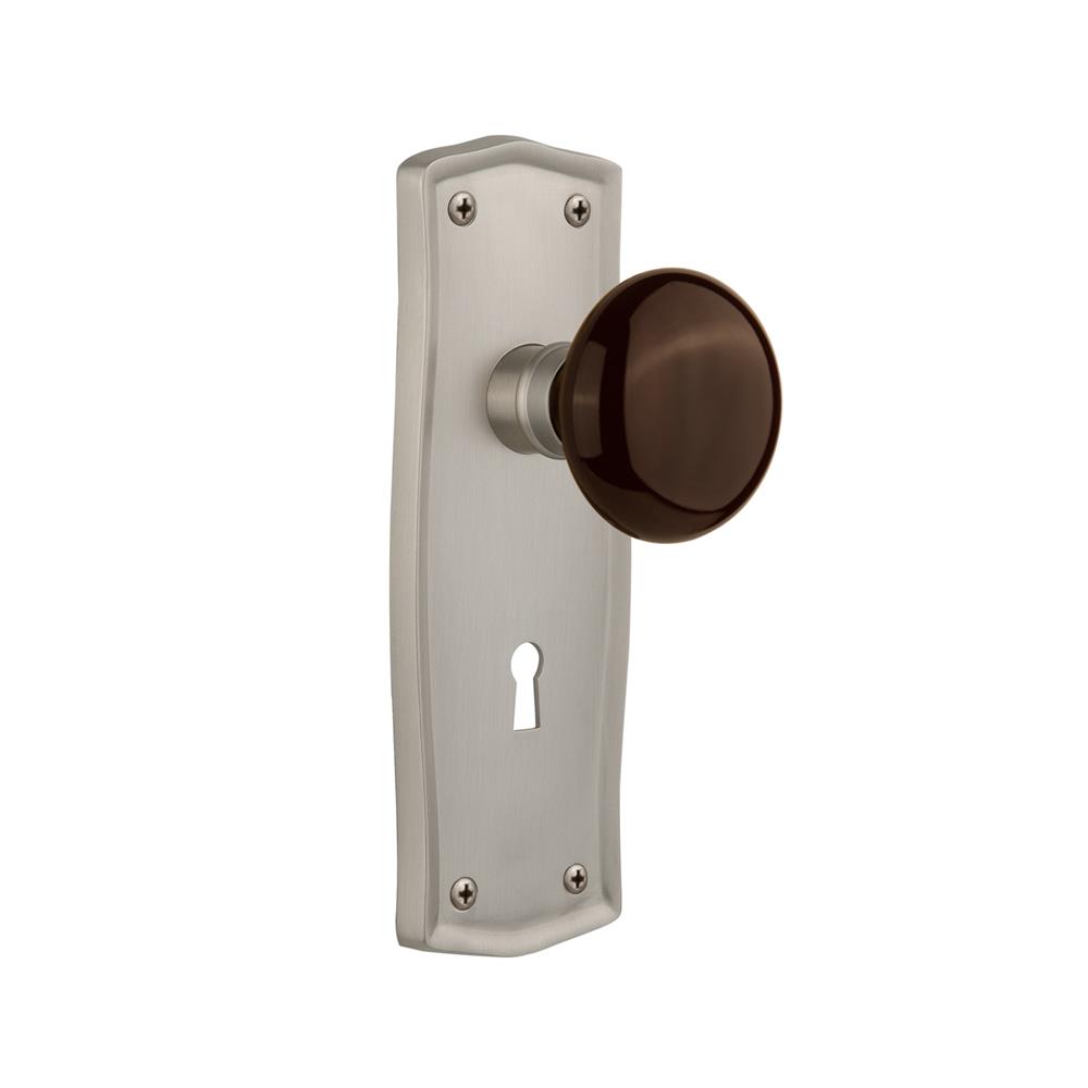 Nostalgic Warehouse PRABRN Privacy Knob Prairie Plate with Brown Porcelain Knob with Keyhole in Satin Nickel